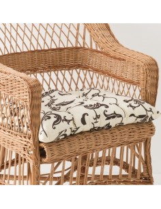 Coussin moyen modèle pour fauteuils en osier tissu feuillage blanc fond gris