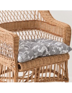 Coussin moyen modèle pour fauteuils en osier tissu feuillage blanc fond gris