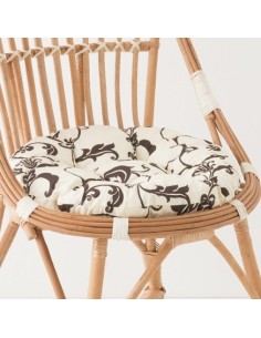 Coussin rond pour sièges en osier César et Marius feuillage blanc fond gris