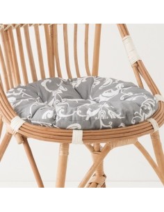 Coussin rond pour sièges en osier César et Marius feuillage blanc fond gris
