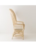 Fauteuil éventail en osier blanc vue latérale avec coussin