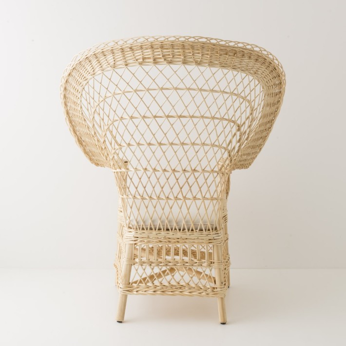 Fauteuil éventail en osier blanc vue arrière avec coussin