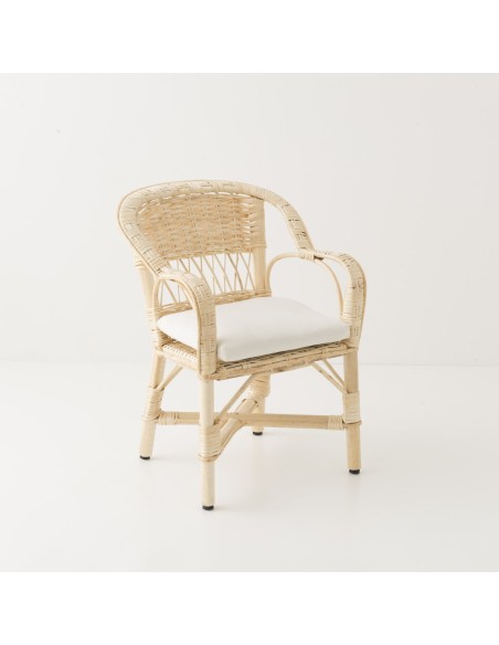 Fauteuil enfant accoudoirs en osier blanc avec son coussin en option