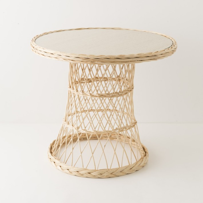 Table guéridon en osier blanc diam 80 cm avec son verre en option