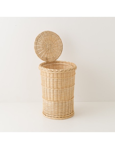 Panier à linge rond MM en osier blanc couvercle ouvert