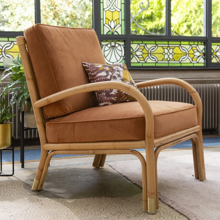 Riviera rattan armchair with orange velvet
