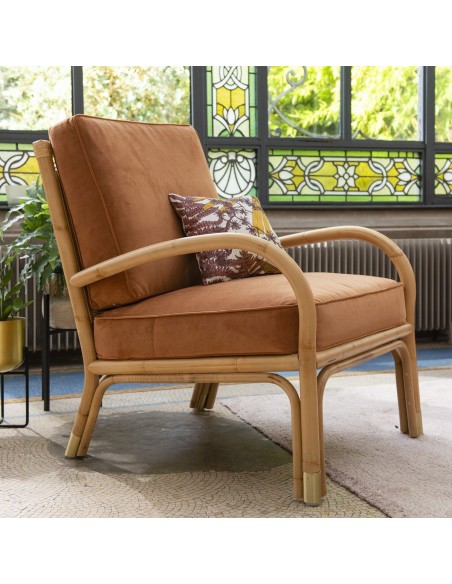 Riviera rattan armchair with orange velvet