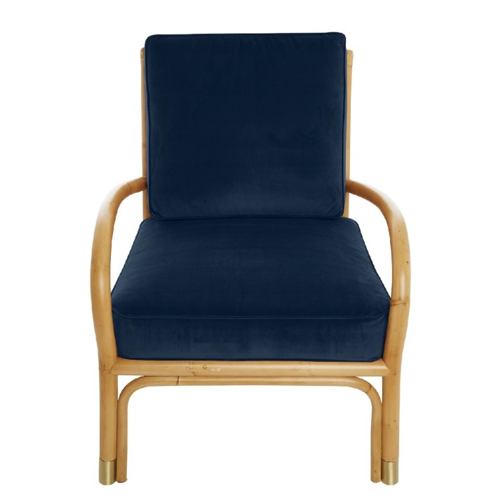 Riviera rattan armchair with blue velvet