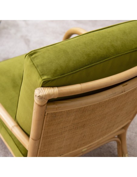 Fauteuil en canne de rotin Riviera velours vert - détail du dos