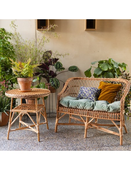 Antonin openwork wicker sofa with velvet cushion and Mélina table
