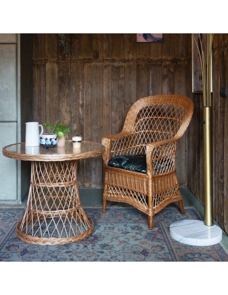 wicker table with brown willow and wicker armchair