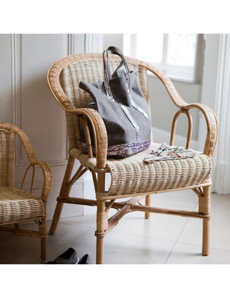 Fauteuil rotin tressé bas dossier grand père naturel ambiance