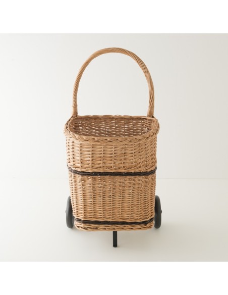 Panier à buches à roulettes en osier vu de face