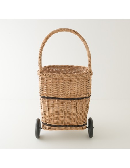 Panier à buches à roulettes en osier vu de l'arrière