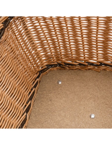 Panier à buches à roulettes en osier détail du fond en aggloméré