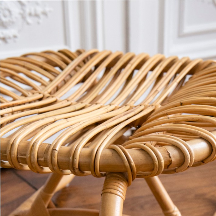 Top view of Boucle small vintage pouffe in natural rattan by KOK MAISON