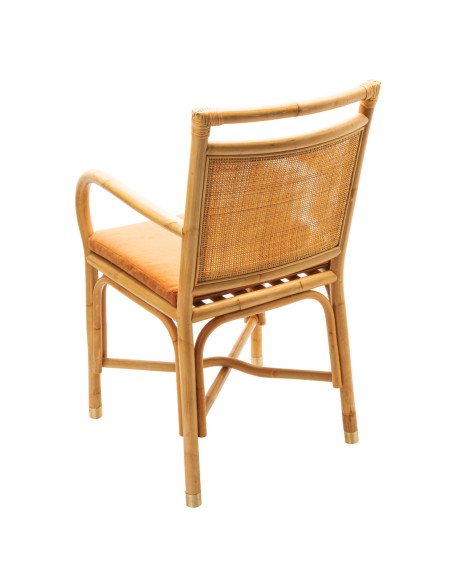 Rattan table armchair, Riviera collection, ochre velvet cushion, back view Rattan table armchair, Riviera collection, ochre velvet cushion, back view