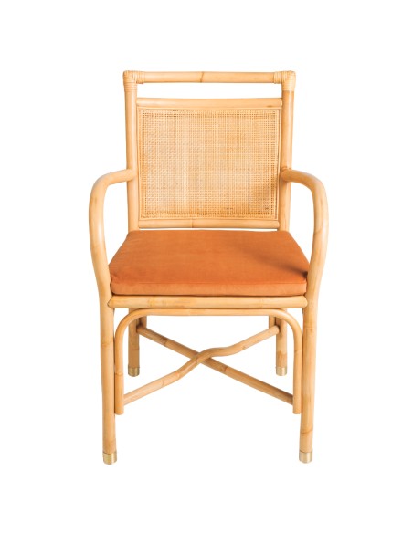 Rattan table armchair Riviera collection ochre velvet cushion front viewa Rattan table armchair Riviera collection ochre velvet cushion front viewa