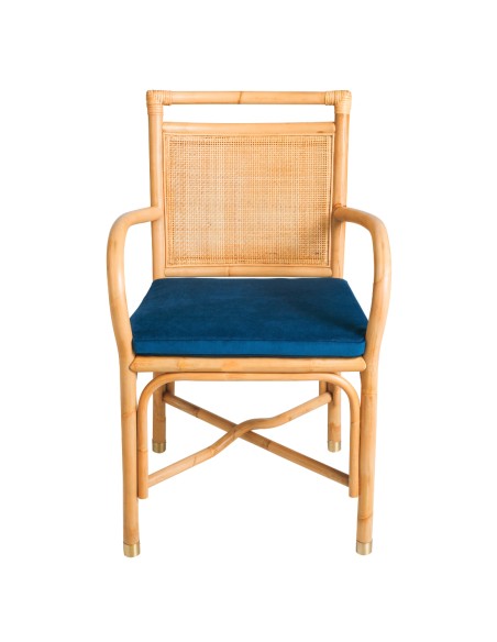 Fauteuil de table en rotin collection Riviera coussin velours bleu vue de face Fauteuil de table en rotin collection Riviera coussin velours bleu vue de face