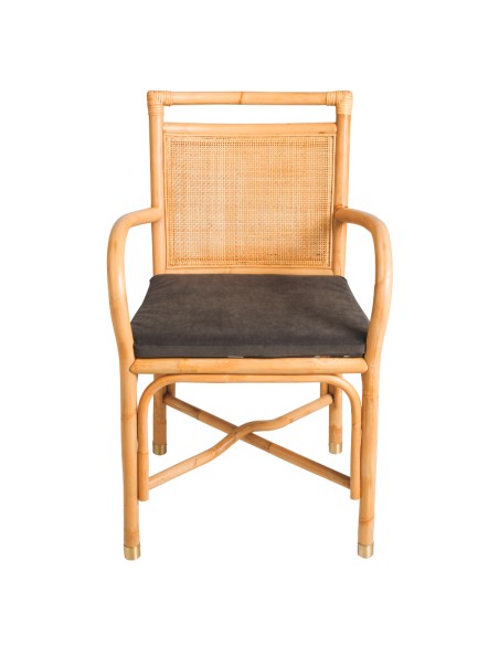 Fauteuil de table en rotin collection Riviera coussin velours marron vue de face Fauteuil de table en rotin collection Riviera coussin velours marron vue de face