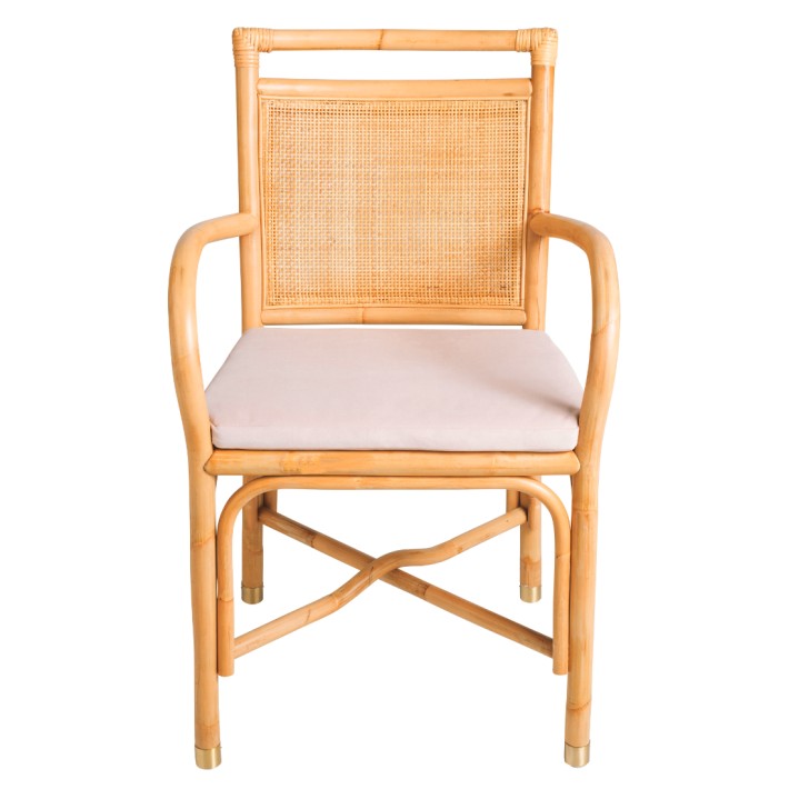 Fauteuil de table en rotin collection Riviera coussin velours ocre vue de face