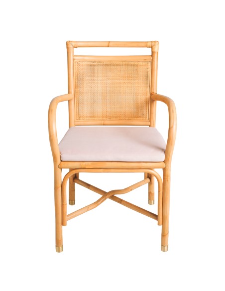 Fauteuil de table en rotin collection Riviera coussin velours rose vue de face Fauteuil de table en rotin collection Riviera coussin velours rose vue de face