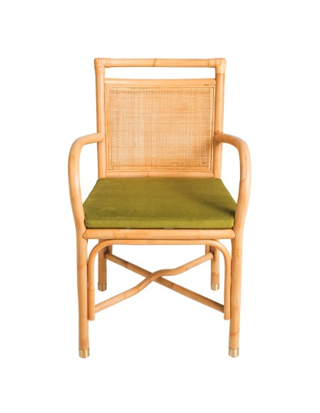 Fauteuil de table en rotin collection Riviera coussin velours vert vue de face Fauteuil de table en rotin collection Riviera coussin velours vert vue de face