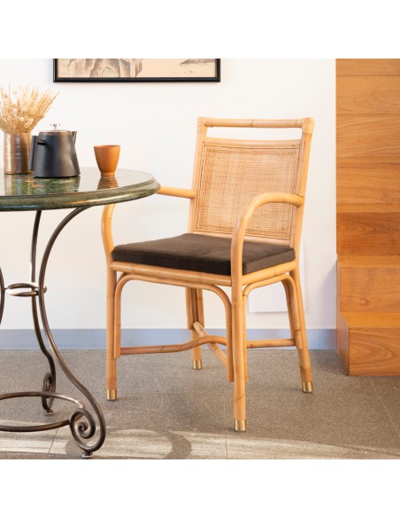 Ambiance fauteuil de table en rotin collection Riviera coussin velours marron Ambiance fauteuil de table en rotin collection Riviera coussin velours marron
