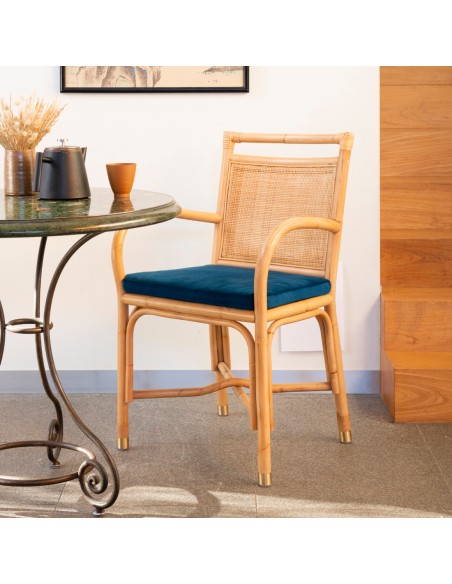 Ambiance fauteuil de table en rotin collection Riviera coussin velours bleu Ambiance fauteuil de table en rotin collection Riviera coussin velours bleu
