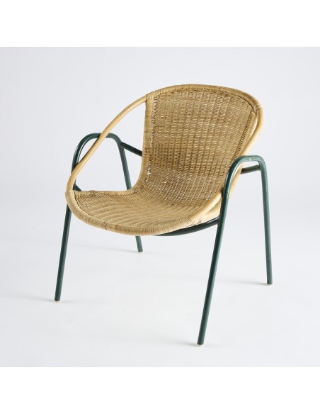 Fauteuil coquille Vintage métal vert + rotin PU019
