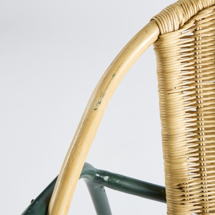 Fauteuil coquille Vintage métal vert + rotin PU019