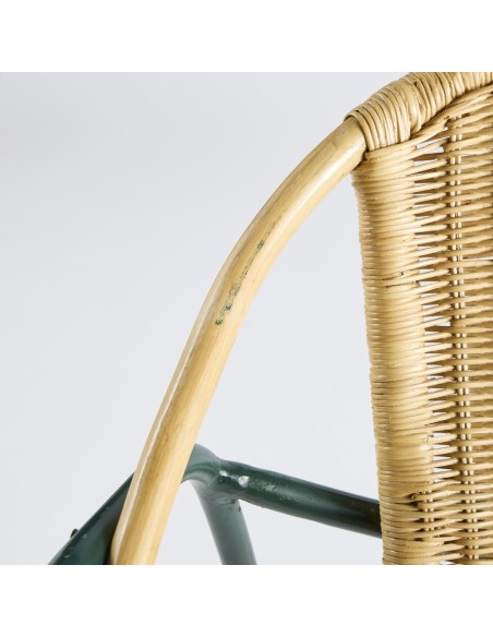 Vintage green metal coquille armchair + rattan PU019