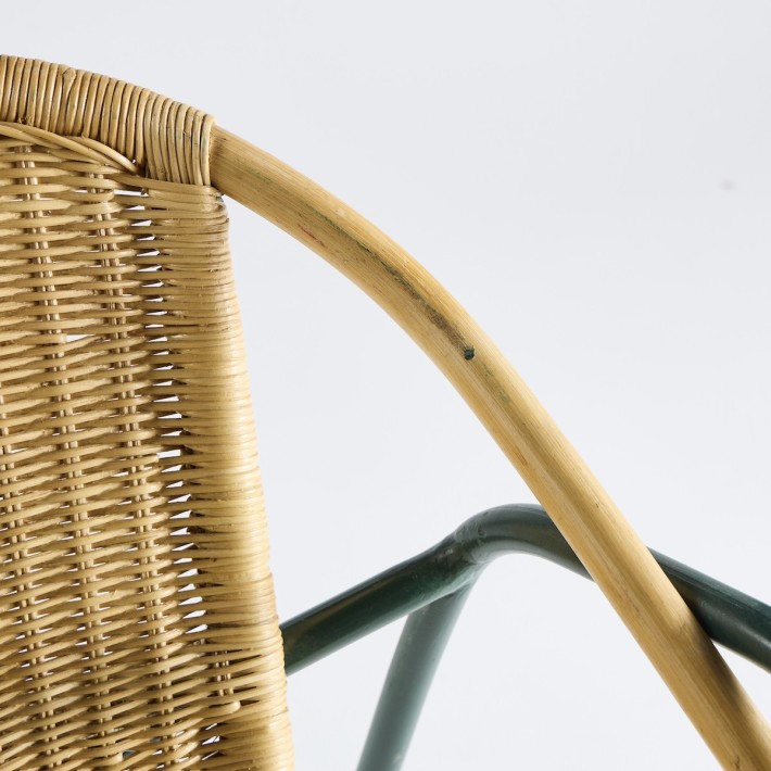 Vintage green metal coquille armchair + rattan PU019