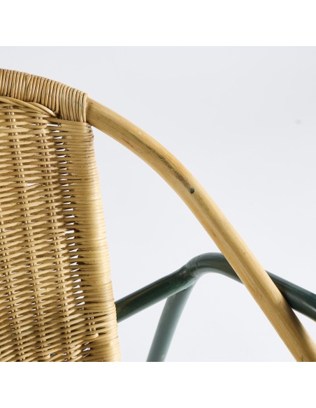 Vintage green metal coquille armchair + rattan PU019