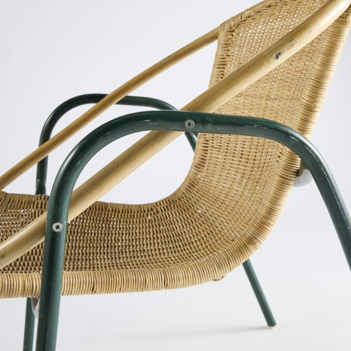Fauteuil coquille Vintage métal vert + rotin PU019
