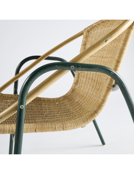 Vintage green metal coquille armchair + rattan PU019