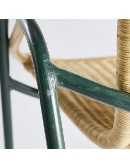 Fauteuil coquille Vintage  métal vert +  rotin PU021