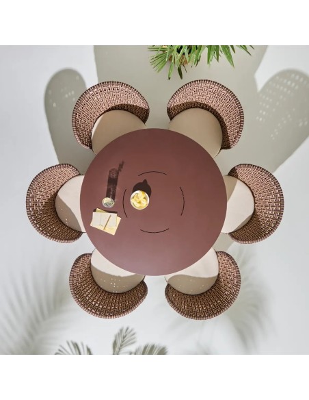 Top view round outdoor dining table with TALI table armchairs Top view round outdoor dining table with TALI table armchairs