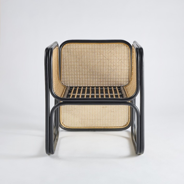 Black lacquered rattan and wickerwork armchair - pièce unique 038