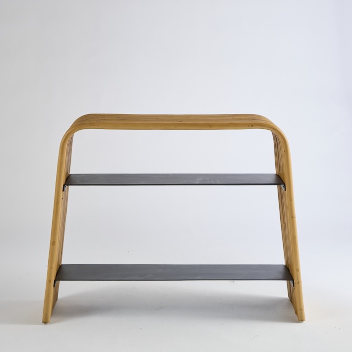 Riviera console in natural rattan with metal shelves 054