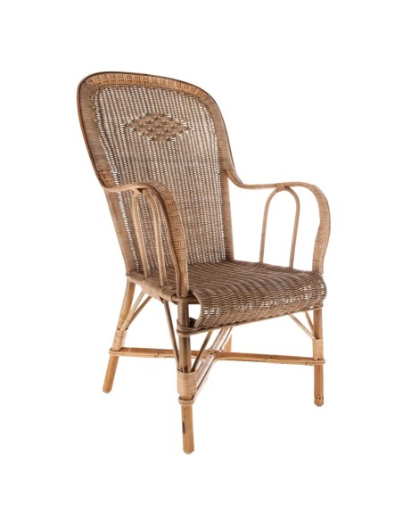 High-back grandfather armchair in weathered rattan
