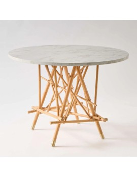 Mikado table with rattan legs and white marble-effect laminate top