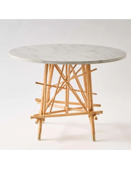 Front view Mikado round rattan table with marble-effect laminate top
