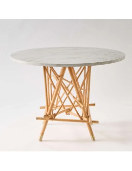 Table Mikado pied en rotin avec plateau stratifié effet marbre blanc 2
