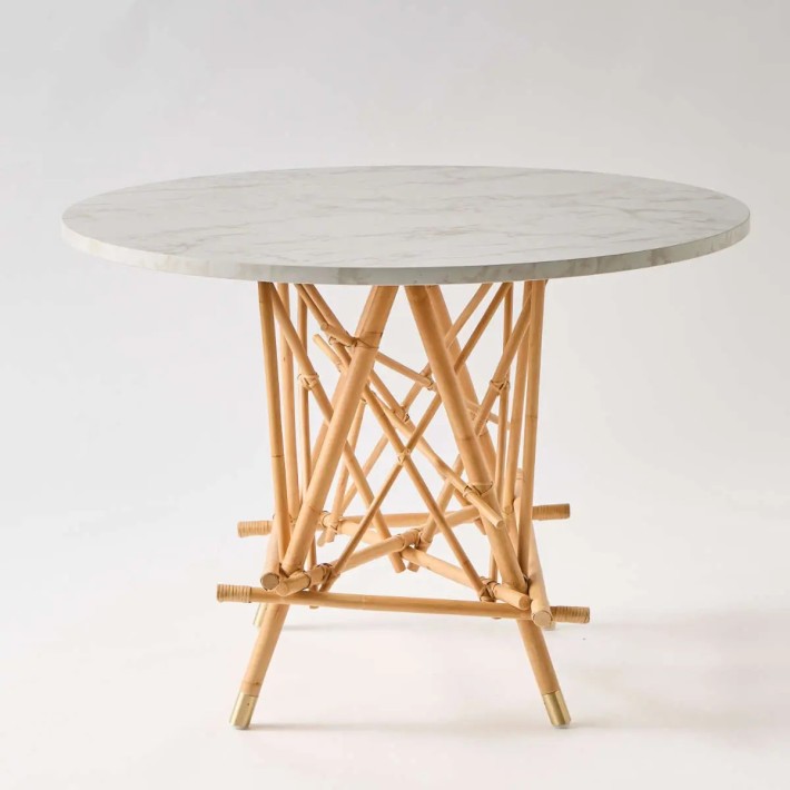 Profile view Mikado rattan table with marble-effect laminate top