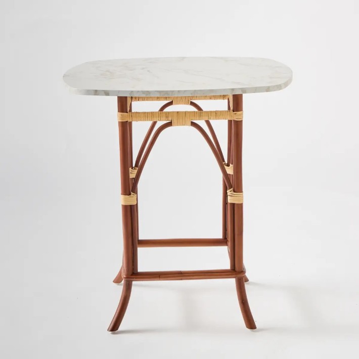 Front view Bagatelle table/meridian with white marble-effect top