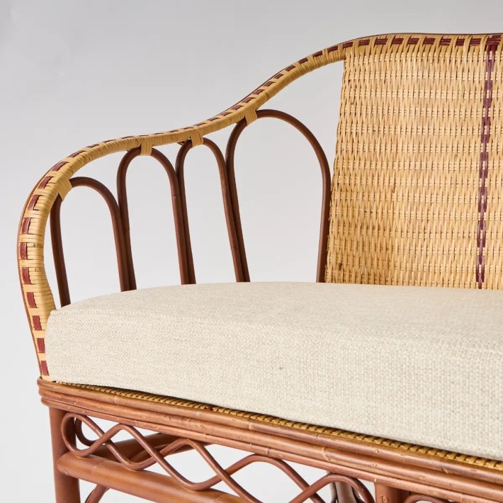 Detail of Bagatelle natural woven rattan 2-seater sofa with arched armrests