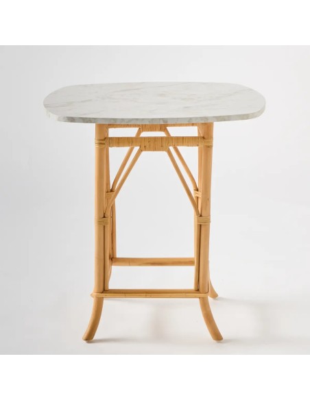 Eugénie table in natural rattan with white marble-effect laminate top, front view