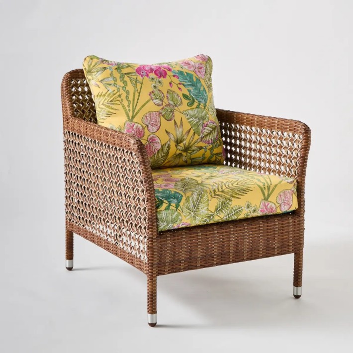 Resin armchair ANTIBES LATERITE fabric bouquet yellow