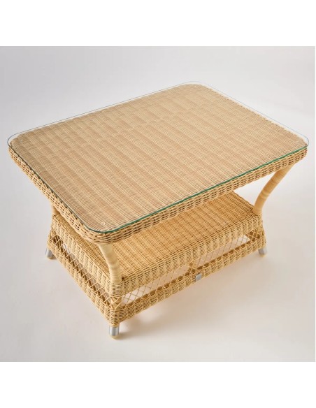 La table basse rectangulaire en résine naturelle BIARRITZ avec son plateau de verre en option